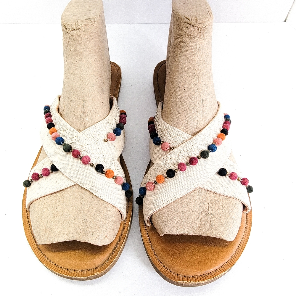 Toms Viv Pom Poms Women Sz.9 Beige Hemp Slip On Sandals